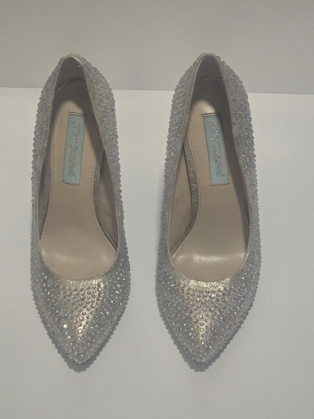 Betsey Johnson Crystal-Embellished Silver Pointed Toe Heels